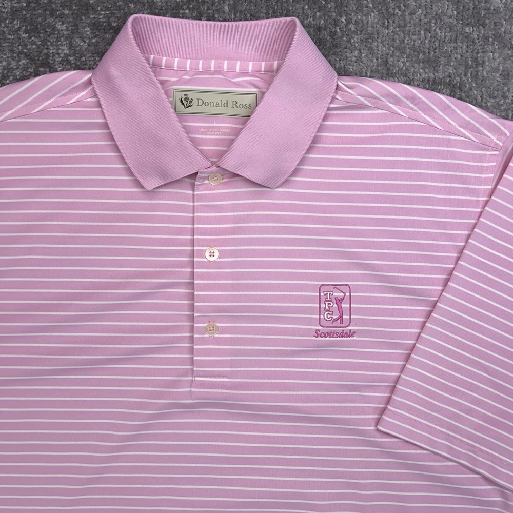 DONALD ROSS Golf Polo Shirt Men's Large Pink Striped Performance TPC SCOTTSDALE